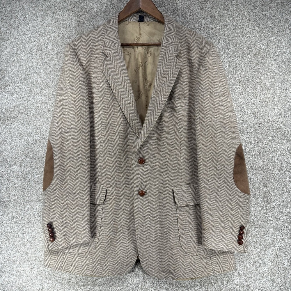 Farah Wff VTG Sports Coat‎ Wool Blazer Suede Elbow Patches 44L Herringbone Beige